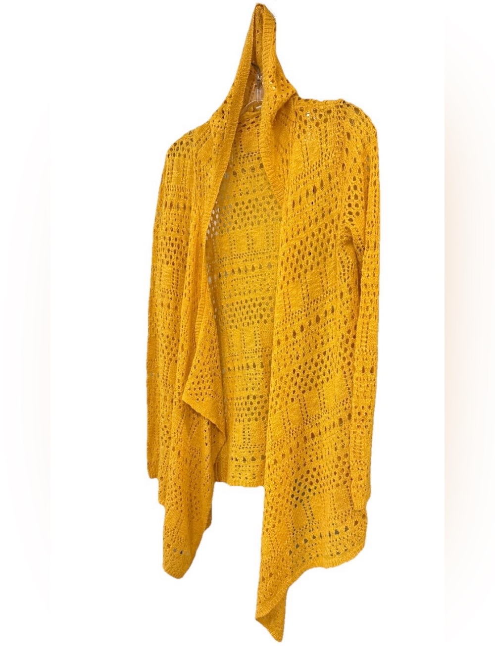Golden Mustard Open Knit Cardigan Boho Draped Lightweight Sweater - Picture 3 of 7